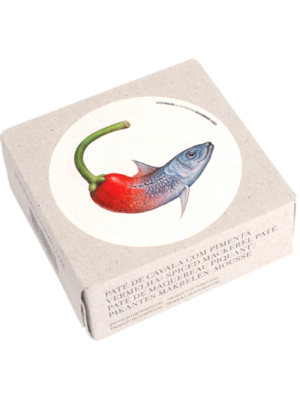 Verpackung der pikanten Makrelen-Mousse von José Gourmet mit Illustration einer Makrele und Chili