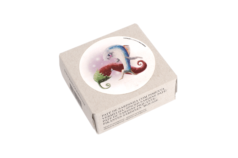 Verpackung des pikanten Sardinen-Mousse von José Gourmet mit Sardine und Chili Illustration